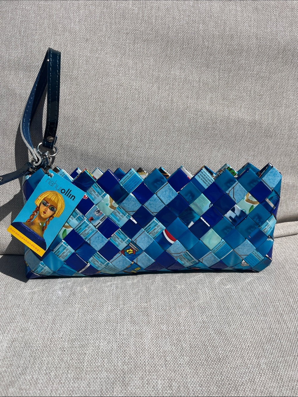 handmade blue woven wristlet clutch